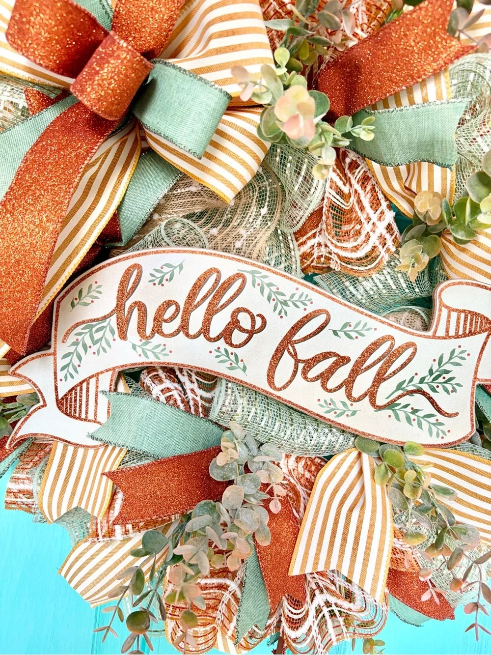 Hello Fall Decorative Wreath – Orange and Green Autumn Door Accent